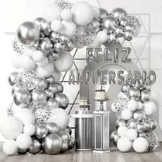 Kit 125 Balões Decorativos Branco Prata Metalizada Decoração Aniversário Arco Desconstruío + Fita