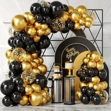 Kit Decorativo Com 125 Balões Base Preto E Dourado Para Festa E Comemoração Arco Desconstruído+Fita