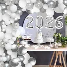 Kit Balões Decorativos 2026 125 Bexigas Decoração Brilhosa Alto Padrão Balões Prata Branco Confete