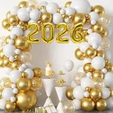 Kit 120 Balões Festas 2026 Deslumbrantes Modernas Contraste Entre Cores Branco Dourado Metalizado