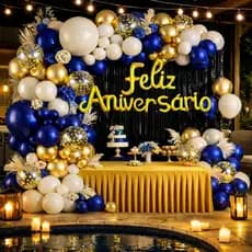 Kit 117 Balões Azuis Para Festa Feliz Aniversário + Cortina + Bexigas Decorativas Arco Desconstruído