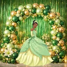 Kit 102 Peças Balões + Cortina Decoração Verde e Dourado Para Festas Temáticas Princesa e o Sapo