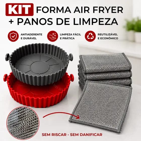 Kit 2 Forma Silicone 20CM Antiaderente Air Fryer + 6 Panos Limpeza Aço Fogão Toalha Louça Tira Gordura Reutilizável