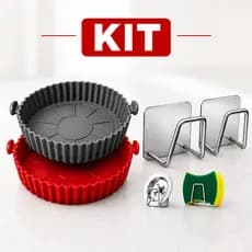 Kit 2 Formas Silicone Air Fryer Antiaderente  + 2 Ganchos Inox Suportes Organizadores Multiuso