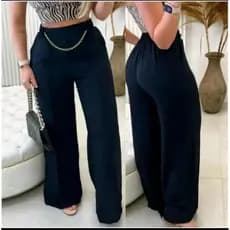 Calça Pantalona Feminina Com Corrente Elegante Estilosa Wide Leg Cintura Alta Com Bolso Moda Social