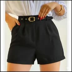 Shorts Alfaiataria Feminino Com Bolso e Cinto Forrado Elegante Social Cintura Alta Confortavel