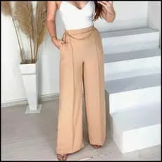 Calça Patantalona Wide Leg Feminina Cós Alto Duna Com Bolsos Corrente Dourada Novas Cores em Ofertas