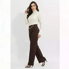 Calça Feminina Pantalona Alfaiataria Marrom Com Corrente e Com Bolso Elegante Estilosa Soltinha