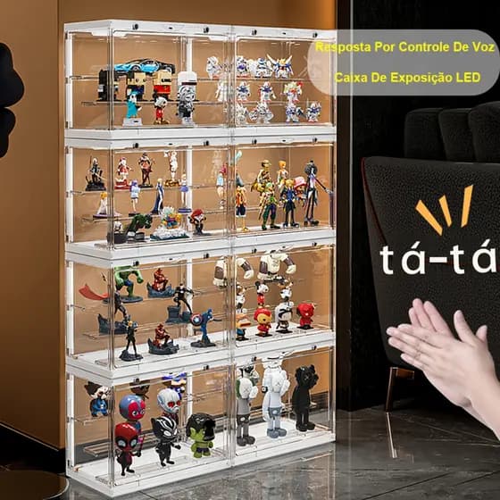 Caixa de Exibição para Action Figures 6 LEDs com Controle por Voz Porta Magnética Prateleiras Ajustáveis Transparente