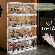 Caixa de Exibição para Action Figures 6 LEDs com Controle por Voz Porta Magnética Prateleiras Ajustáveis Transparente