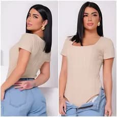 Body Feminino Canelado Manga Curta Decote Quadrado Básico Elegante Confortável Moda Casual