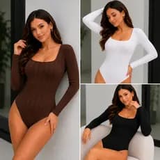 Body Feminino Manga Longa Decote Quadrado Rivana Premium Canelado Elegante Modelador