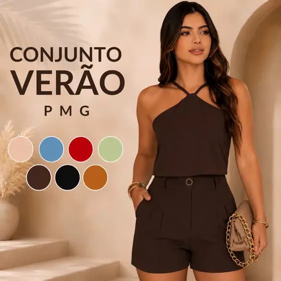 Conjunto Feminino Cropped e Short Alfaiataria Social Cintura Alta Louis Twill Elegante Premium