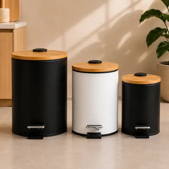 Lixeira Inox Com Pedal Tampa Bambu 3L 5L 12L Banheiro Cozinha Escritório Preta Branca
