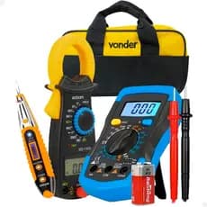Kit Alicate Amperímetro + Multímetro Digital LCD 3 Digitos + Detectos de Tensão Bolsa + Vonder BL005