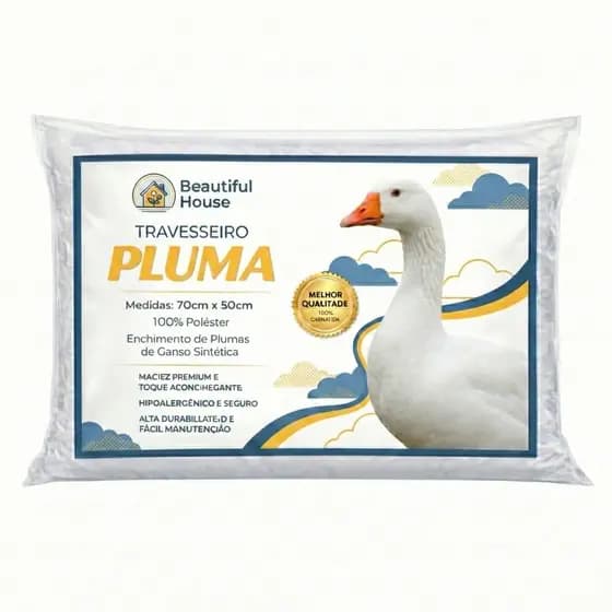Travesseiro Penas e Plumas De Ganso "Sintético" Branco Para Cama Confortável Macio