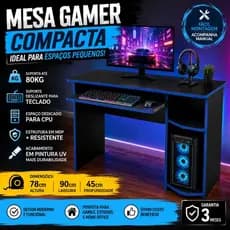 Mesa Para Quarto Gamer Preta e vermelha Com Prateleira Lateral e suporte