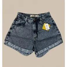 Short Jeans Feminino com Strass de Brilho e Estrelas Cintura Alta