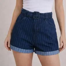 Short Jeans Feminino Com Listras, Cinto Fivela E Barra  Com Corte Italiana Dobrada Cintura Alta Charme RV