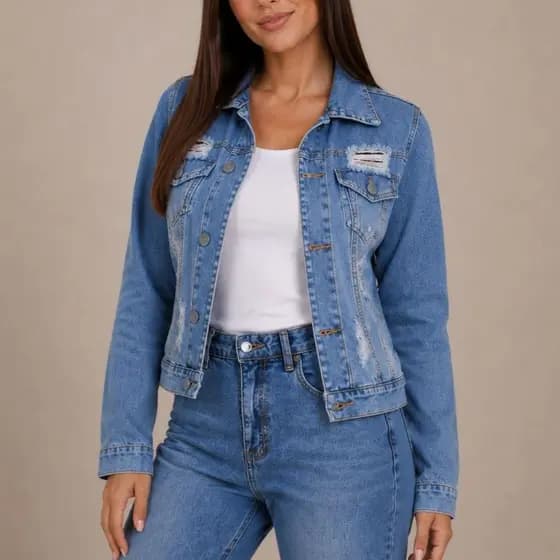 Jaqueta Jeans Feminina Com Puido Moda Destroyer com Gola em V