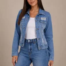 Jaqueta Jeans Feminina Com Puido Moda Destroyer com Gola em V