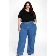 Calça Jeans Cargo Plus Size Feminina Cintura Alta