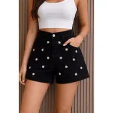 Short Jeans Feminino Com Barra Dobrada e Flores Bordadas