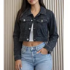 Jaqueta Cropped Jeans Feminino Com Botão de Ferro com Barra