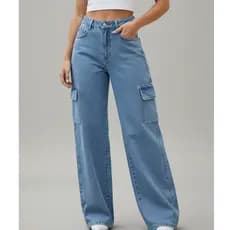 Calça Cargo Jeans Feminina Cintura Alta