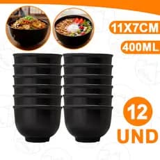 Kit Com 12 Tigelas Melamina Bowl Oriental Preta 400ml Japonês Restaurante Profissional