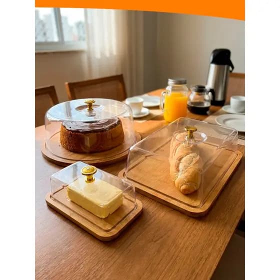 Conjunto 3 Bandejas Porta Frios de Bambu Tábua Com Tampa Boleira Bolos Pães Queijos Manteiga