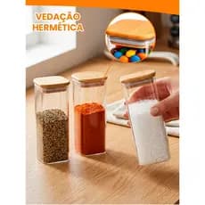 Jogo de Potes Herméticos de Vidro com Tampa de Bambu 450ml Vedação Temperos Cozinha Premium