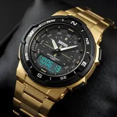 Relógio Original Masculino Skmei AnaDigi 1370 Dourado e Preto com Resistência à Água 5 ATM