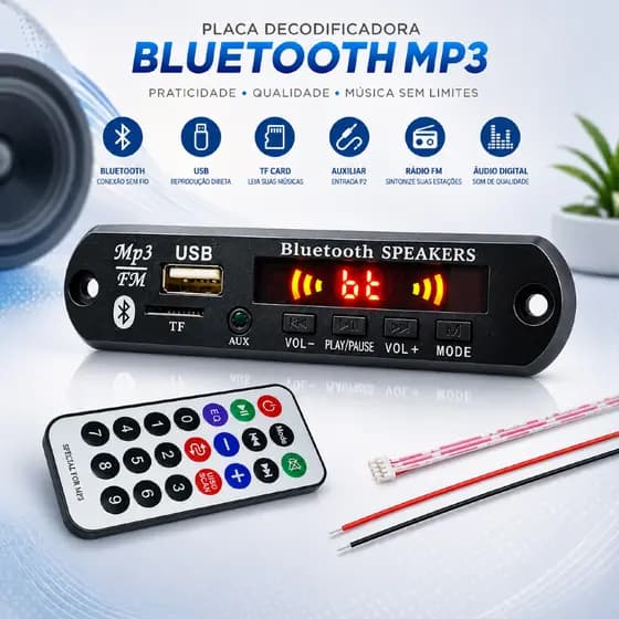 Placa Decodificadora MP3 rádio FM som bluetooth 12V USB e Cartão de Memória SD