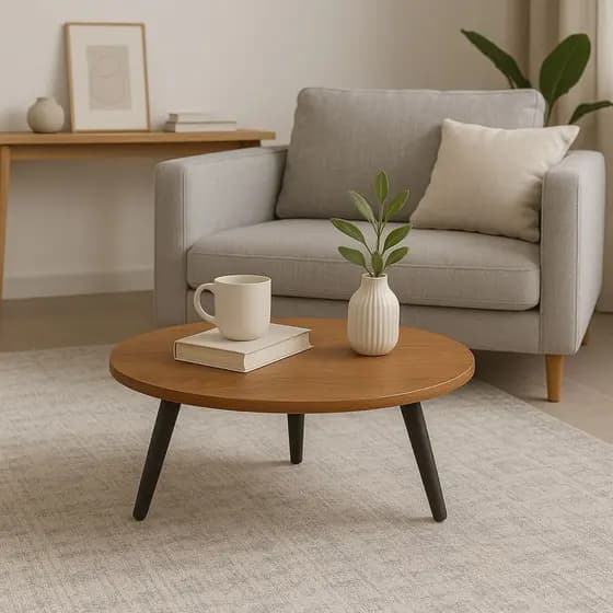 Mesa Redonda Decorativa Centro ou Lateral Pés Palito Retrô Plástico PVC Freijó Moderna Minimalista Compacta Promoção
