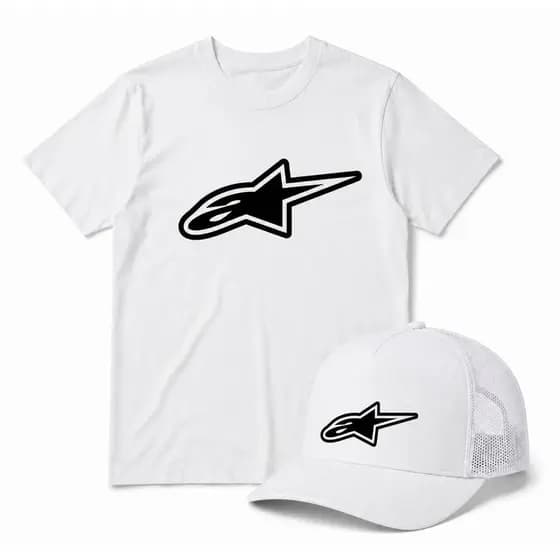Kit Camiseta + Bone Alpinestars 100% Algodão P ao G3 Streetwear Motoqueiro Plus Size Masculino Feminino Preto Branco