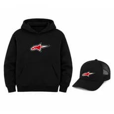 Kit Blusa de Frio Moletom + Boné Alpinestars 100% Algodão Flanelado Com Capuz Macio Motoqueiro Moto Preto e Branco