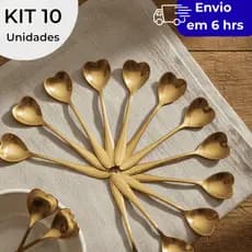 KIT 10 Colheres Chá Coração Dourada Cozinha Mesa Posta Luxo Aço Inoxidável Fofa