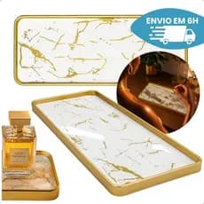 Bandeja Decorativa Retangular Marmorizada Espelhada Dourada  Organizador Luxo para Lavabo Perfumes  Joias