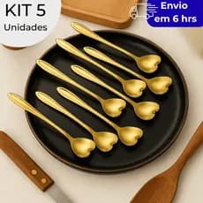 Kit 5 Colher Coração Talher Dourado Cozinha Luxo Cantinho do Café Sobremesa Aço Inox