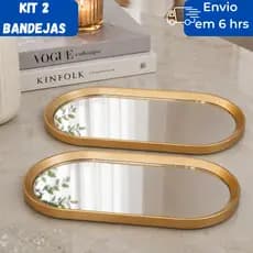 Kit 2 Bandejas Espelhadas Decorativas  Dourada  Preta  Luxo Porta Maquiagem Lavabo Sala e Banheiro