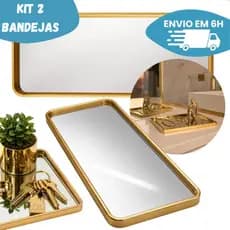 KIT 2 Bandeja Espelhada Retangular Dourada Organizador Decorativo Marmorizado para Lavabo Maquiagem Luxo Joias