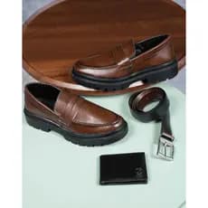 Sapato Social Masculino Casual Mocassim Costurado Piettro Trabalho Evento Confortável Carteira Cinto Dia dos Pais