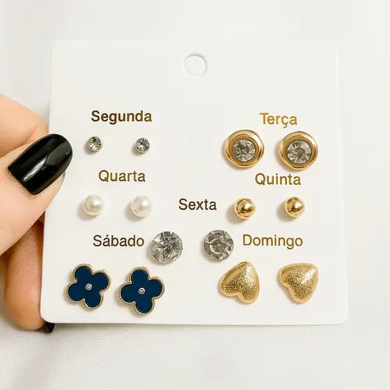 Kit Brincos Semaninha 7 pares conjunto Brincos Semana Inteira Dourados Fofo Coração Pérola | Look Completo