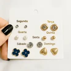Kit Brincos Semaninha 7 pares conjunto Brincos Semana Inteira Dourados Fofo Coração Pérola | Look Completo