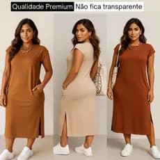 loja do Brás vestido Midi regata com bolsos liso e fendas de malha básico