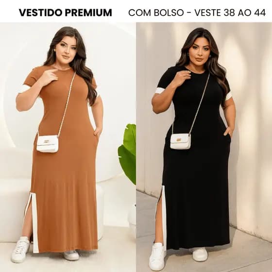 Vestido Feminino Longo Midi com Bolsos e Fendas Laterais Inspiração  Verão Básico Comfy Bicolor Malha Leve e Confortável