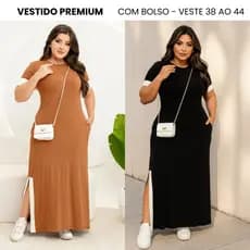 Vestido Feminino Longo Midi com Bolsos e Fendas Laterais Inspiração  Verão Básico Comfy Bicolor Malha Leve e Confortável