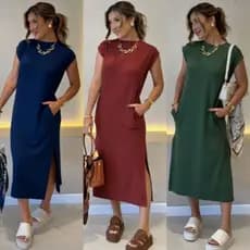 Loja do Brás Vestido  Midi em moletinho com fendas e bolsos elegante e confortável