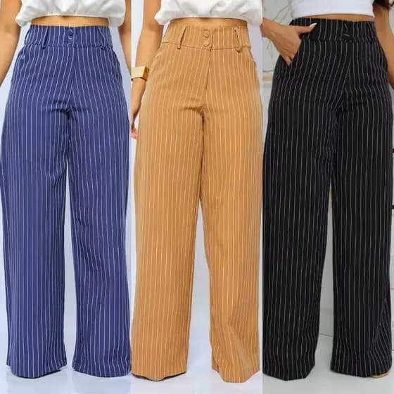 loja do bras calça feminina alfaiataria com botões e bolsos risca de giz listrado elegante e casual